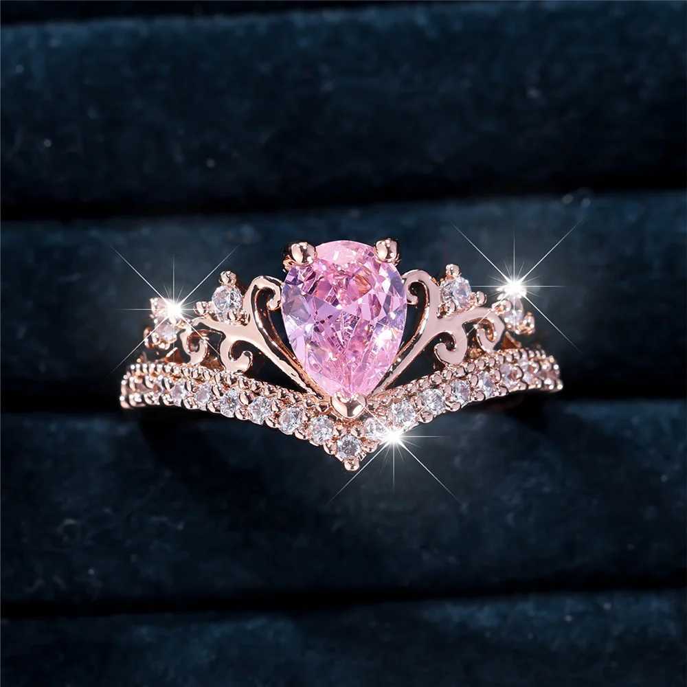 Luxury Womens Pink Waterdrop Zircon Ring Dainty Rose Gold Colorful Womens Wedding JewelryXJ250412