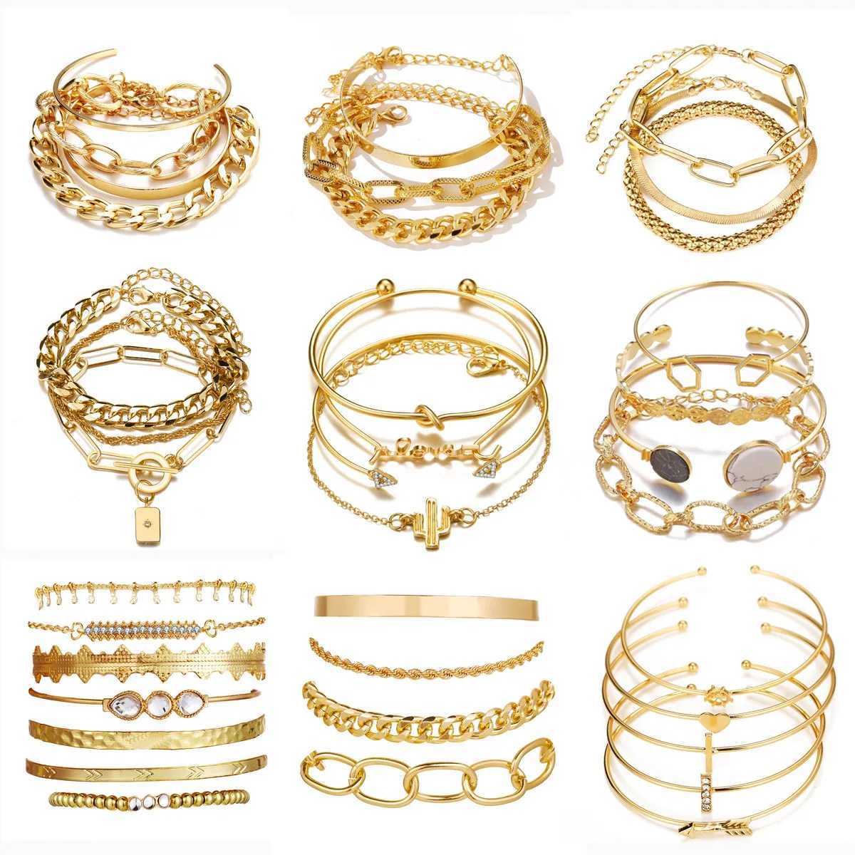 Bohemian Metal Chain Bracelet Set For Women Geometric Gold Color Thick Link Chain Open Bangle Female Fashion JewelryC250411