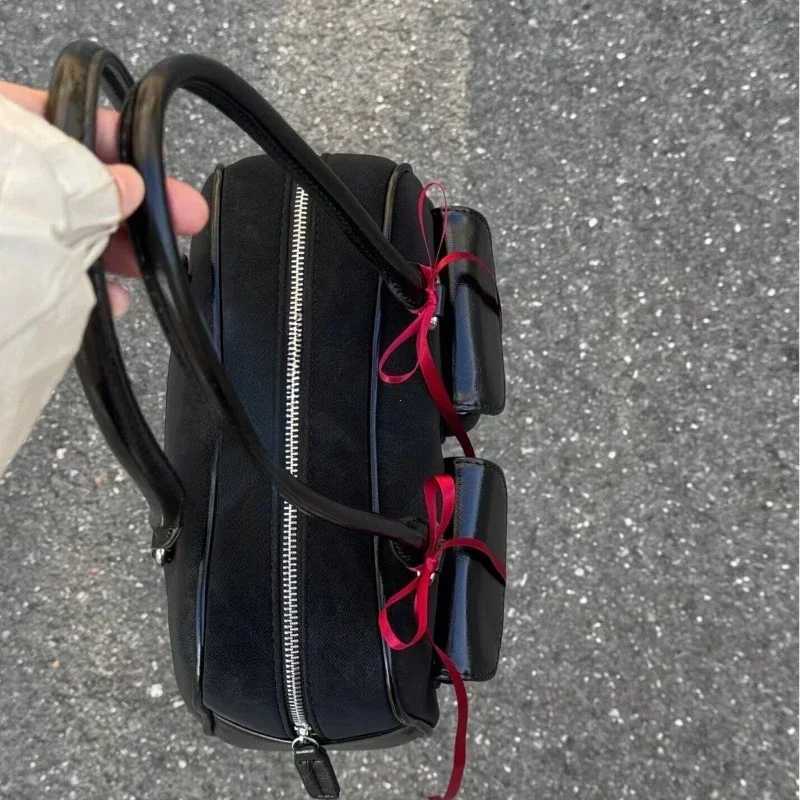 Korean Fashion Womens Shoulder Bag Soft Suede with PU Leather Bowling Handbag Casual Luxury Vintage 2024 New Boston Tote BagW251111