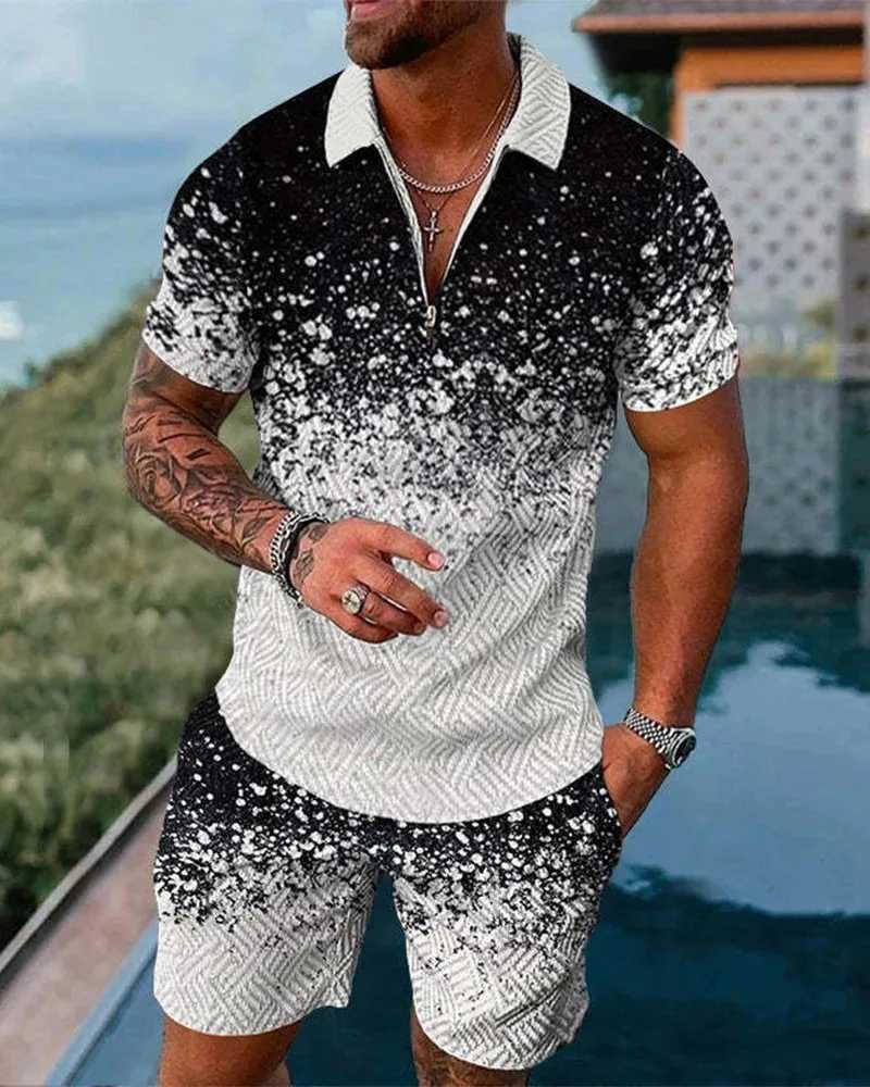 Summer luxury pattern 3D printed mens sportswear set casual zipper polo shirt and shorts 2-piece set fashionable streetwear mens clothingXJ250412