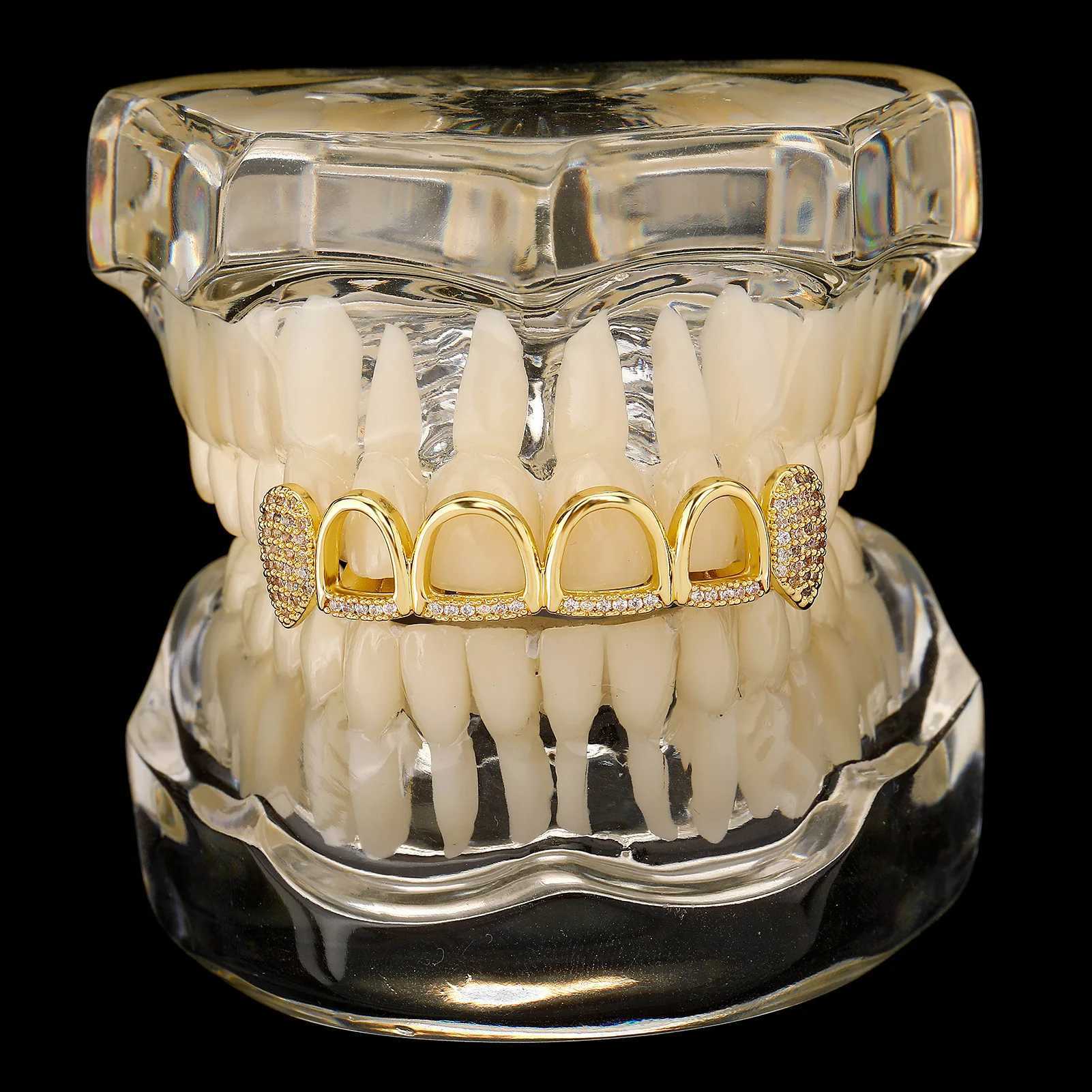 14K gold-plated hip-hop 4/4 hollow zircon teeth Grilz suitable for women and men CZ stone tooth cap body jewelry star tooth sheath W250412