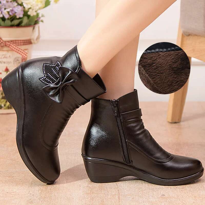 2025 New Bow Leather Boots Microfiber Women's Ankle Black Designer Fashion Zipper Warm Winter Shoes