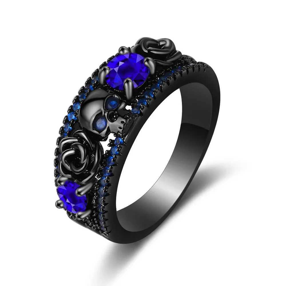 Retro punk skull flower electroplating gun with black set with red blue and green zircon ringsXJ250412