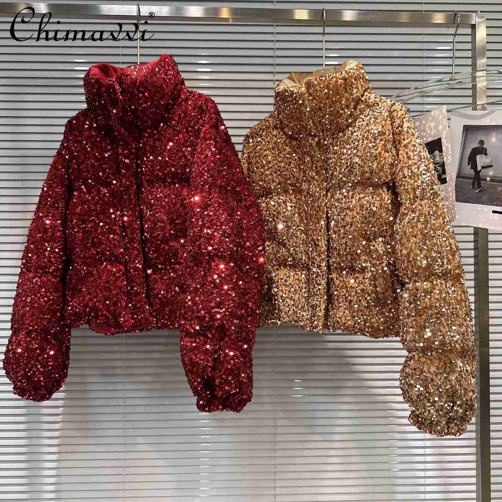 French Fashion Elegant Heavy Industry Colorful Sequin Stand Collar Thickened Warm Down Coats Women Winter Puffer Short Jackets Z251106