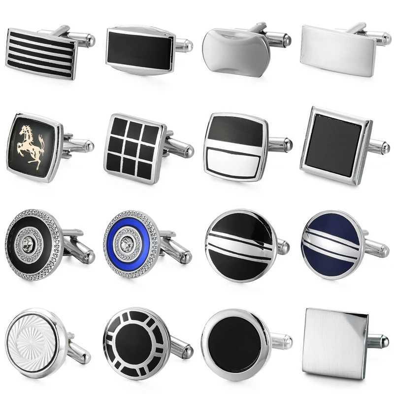 Classic Mens French Shirt Cufflinks Black Round Square Brushed Metal Cufflinks Business Set Accessories Jewelry GiftsT250412