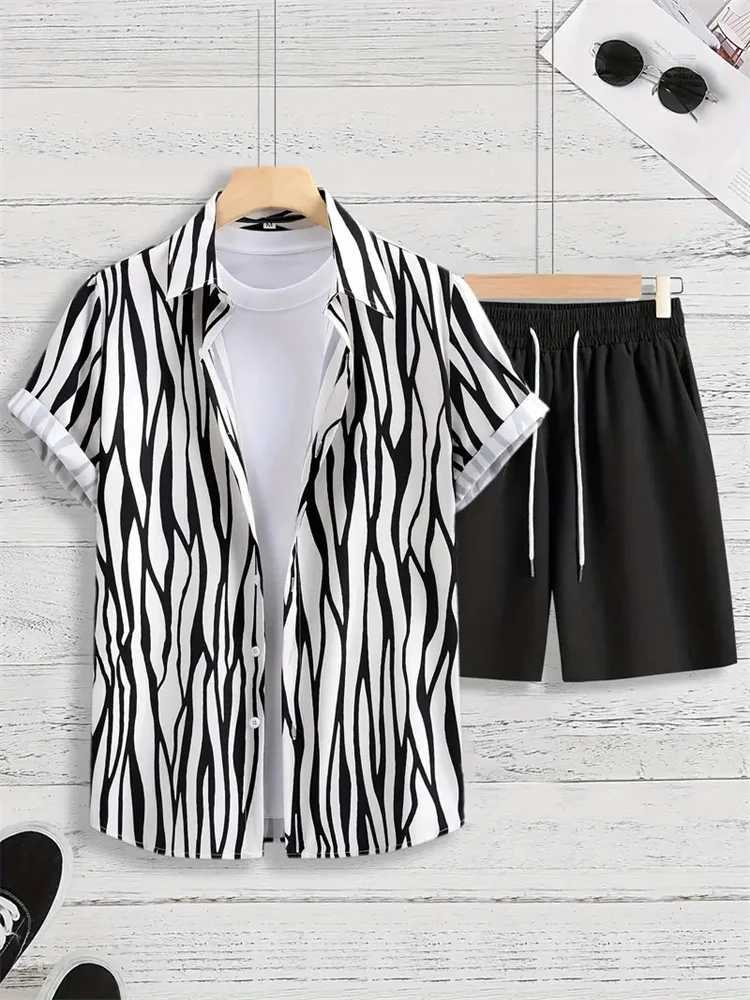 2024 Summer Mens Casual Commuter Set Mens Stripe Printed Short Sleeves 2-piece Mens Hawaiian Beach Style ClothingXJ250412