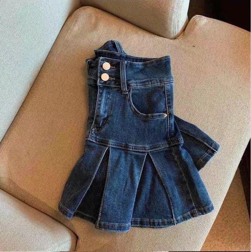 High-Waisted Denim Skirt Womens Pleated Retro Blue Skinny A-line Flanged Wrap Hip Skirt 250407