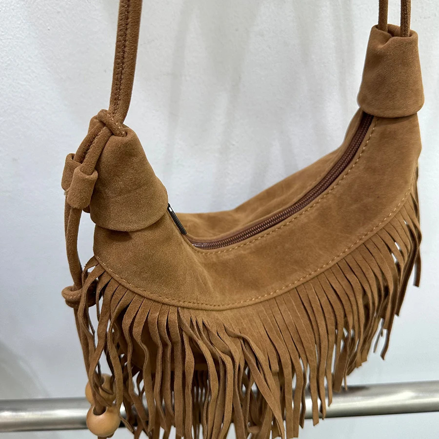 Retro Suede Velvet Tassel Single-Shoulder Crossbody Bags For Women Boho Style Fringe Solid Handbags For Outdoor Travel 251110