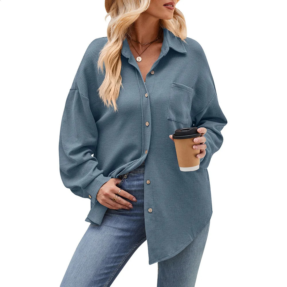Spring Autumn Women Blouses Casual Loose Pocket Waffle Long Sleeve Shirt Female Casual Loose Overshirt Oversized Tops 250411