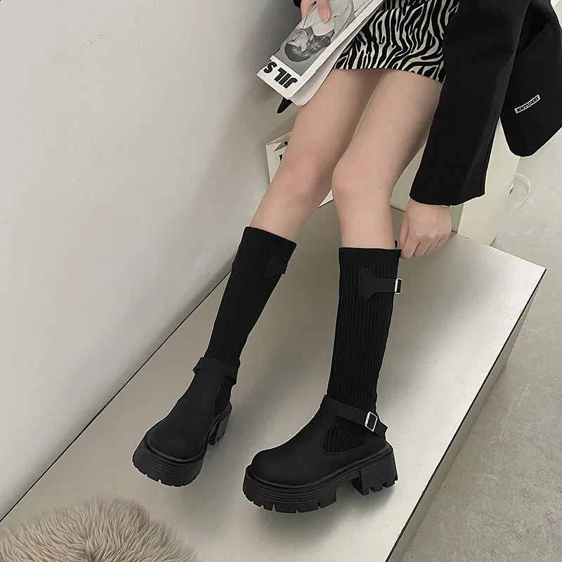 Long Boots Women Knitted Elastic Boots Retro Thick-soled Womens High Boots Knee-length Boots Elegant Boots and Women shoes 250411