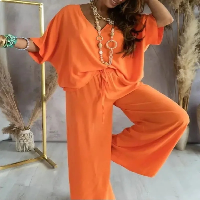 Summer Womens Fashion Casual V-neck Bat Sleeve Beach Style Short Sleeve Set with Strap Hip Hop Street Two Piece Set 250411