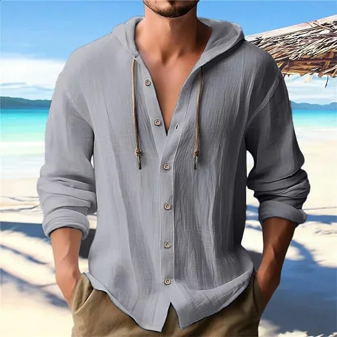 2025 Spring and Summer Mens Hooded T-shirt Solid Color Cotton Linen Mens Casual Long-sleeved Top 250411