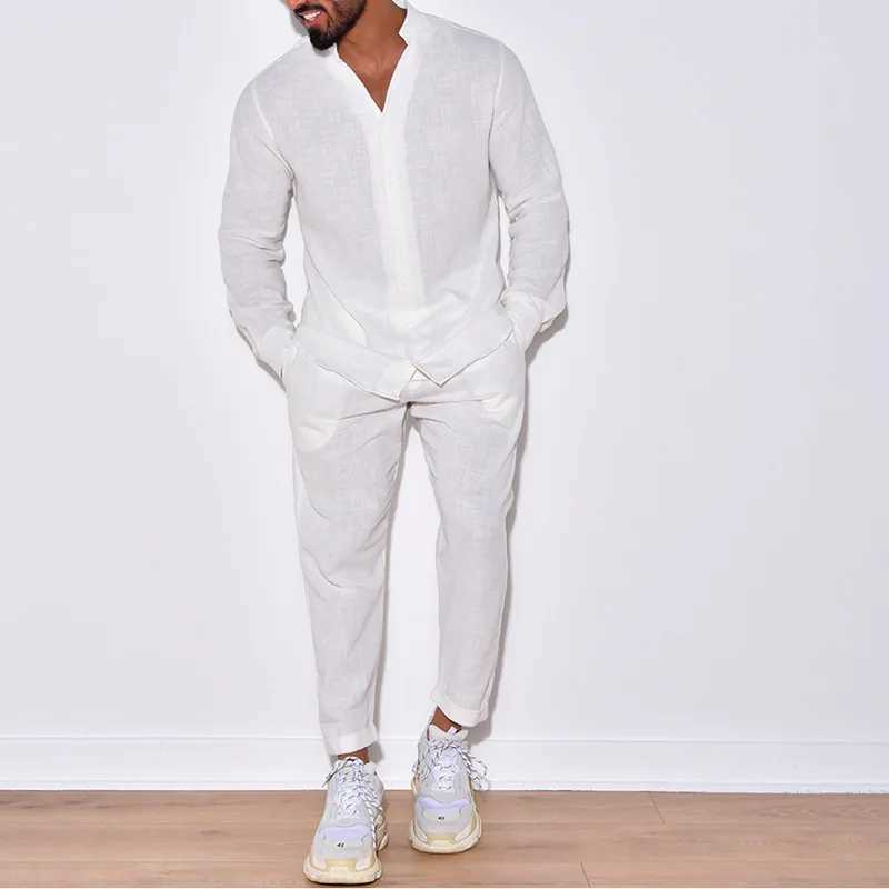 Autumn mens new fashion casual linen long sleeved full set single chest solid color button setXJ250412