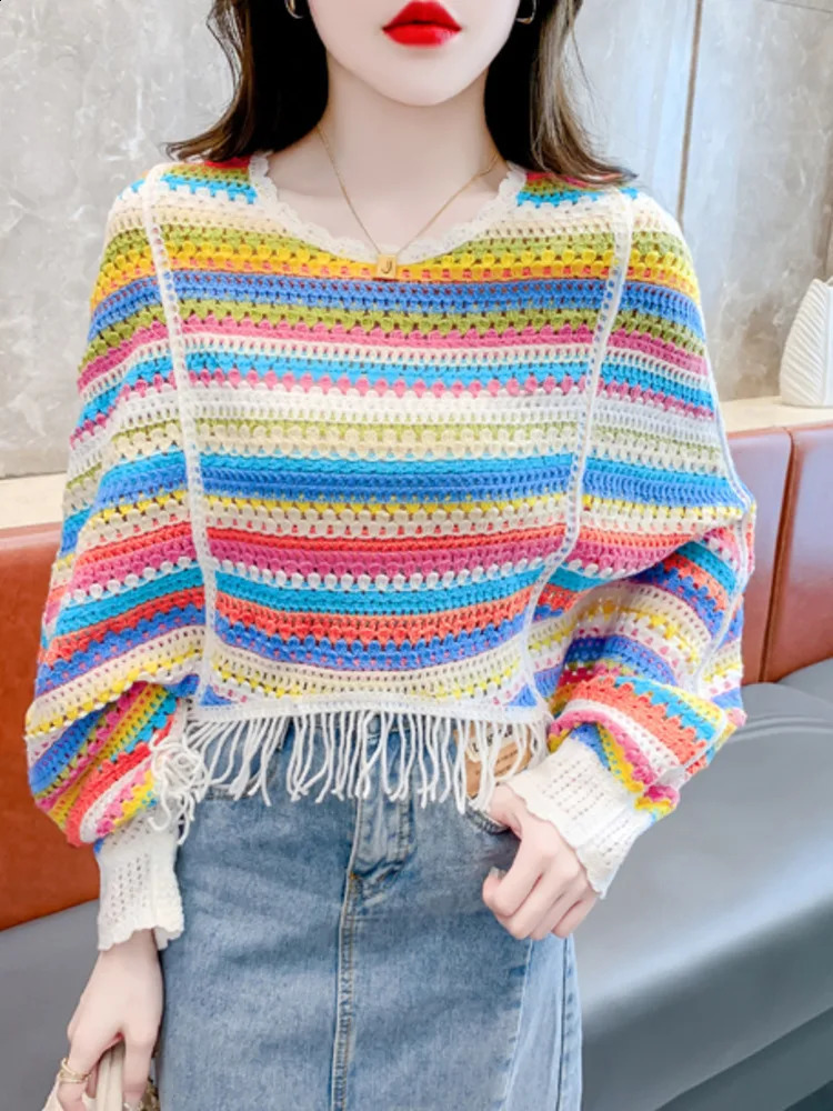 #3266 Summer Knitted Pullover Sweater Women Thin Batwing Sleeve Loose Sexy Striped Short Knitwear Pullover Tassels Hollow Out 250411
