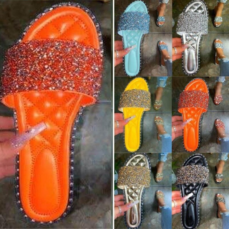 Large size Glitter flat home slippers women, fashionable one-piece sandals for women