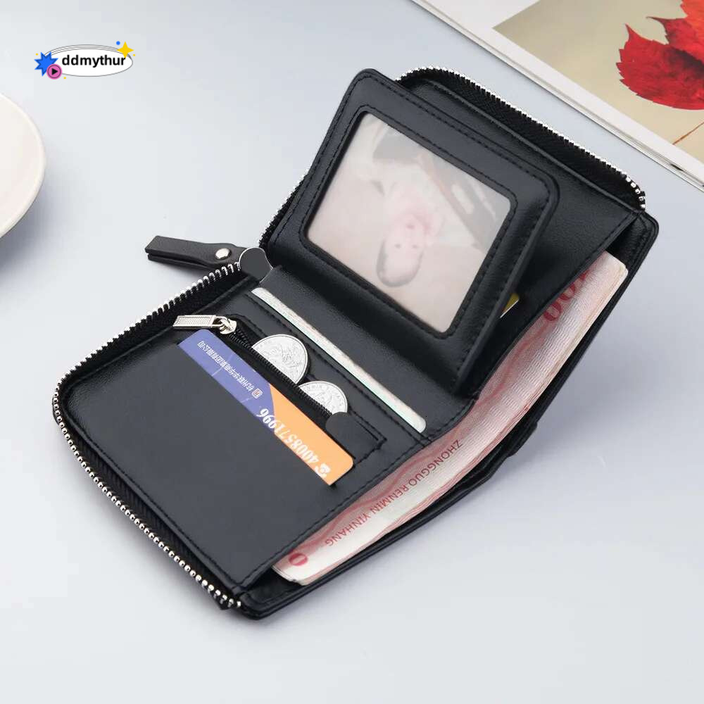 Men's Short Wallet, Cash Zipper with Billfold, ID Bank Card Beauty Pocket Book, 2 Fold Business Fashion Moneybag 11*9.3*1.5CM ddmythur