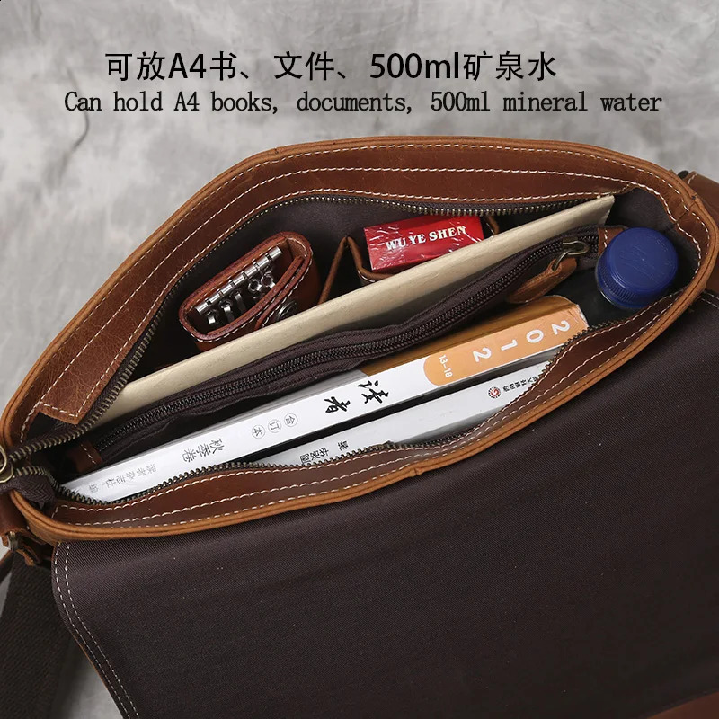 NZPJ Leather Mens Shoulder Bag Retro Top Layer Cowhide A4 File Mens Bag Brown Handmade Crazy Horse Leather Messenger Bag 250407