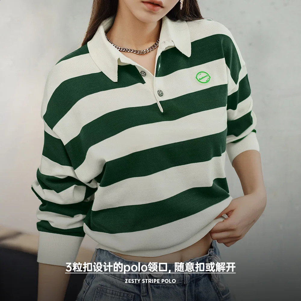 Maden Retro Classic White and Green Color Blocking Striped Polo Shirt for Women Autumn Long-sleeved T-shirt Loose Casual Tops 250411
