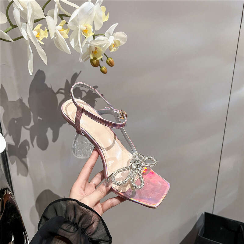 2025 Summer New Water Diamond Women's Shoes Butterfly Bow Square Head One Button High Crystal Heel Sandals for Women