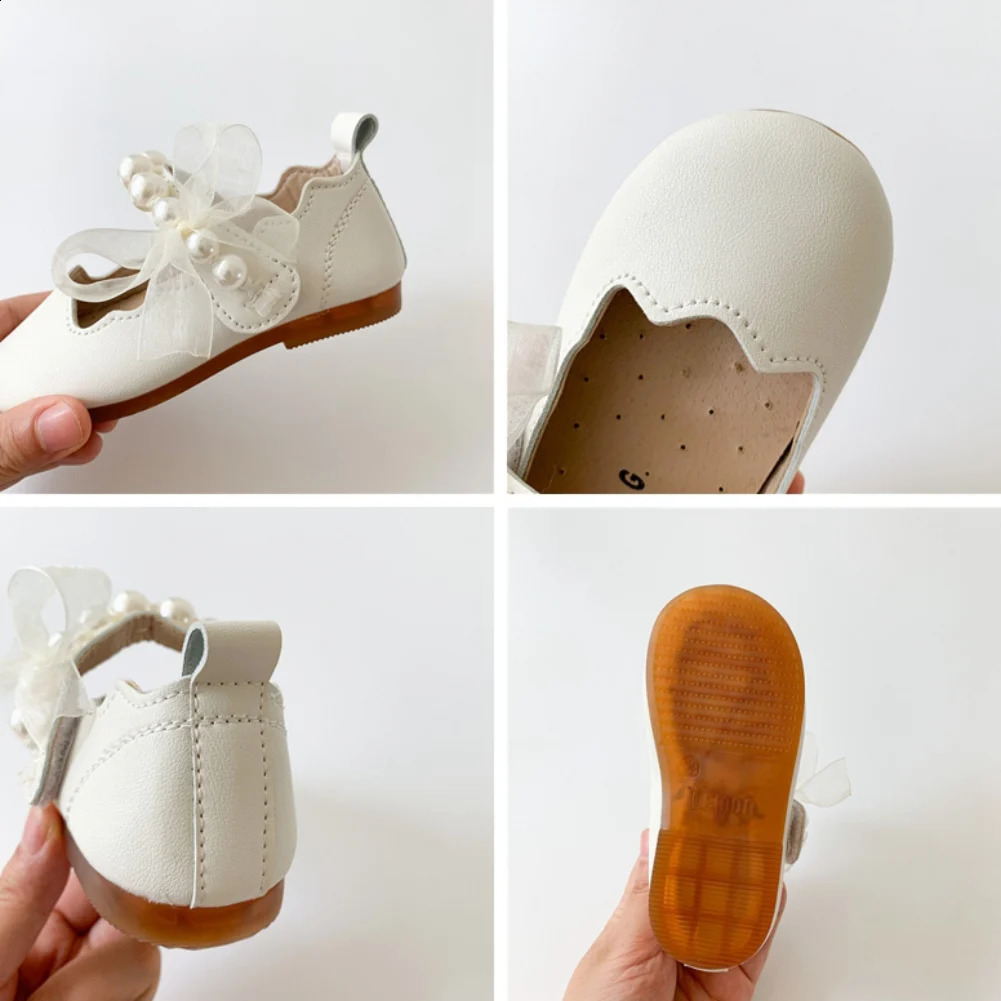 Girls pearl mesh bow soft soled flat shoes for babies breathable and anti slip princess single shoes for children aged 1-8 250411