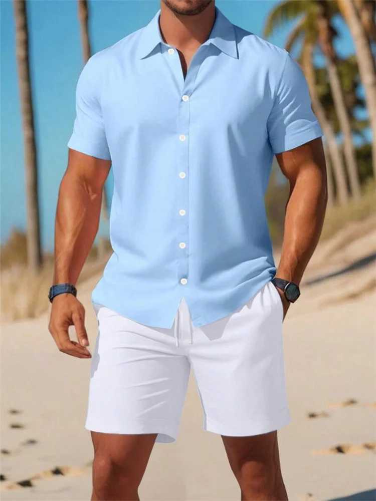 Summer mens solid color short sleeved shirt set with lapel button up front shirt sports and casual shorts set Hawaiian vacation suitXJ250412