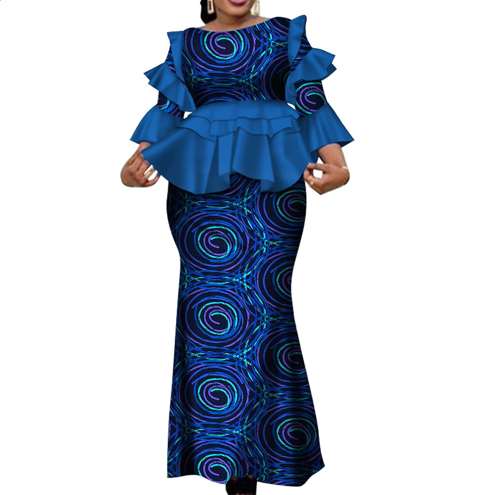 African Two Piece Outfits Set for Women Fashion Dashiki Ruffle Clothes Bazin Plus Size Clothing Party WY4142 250411