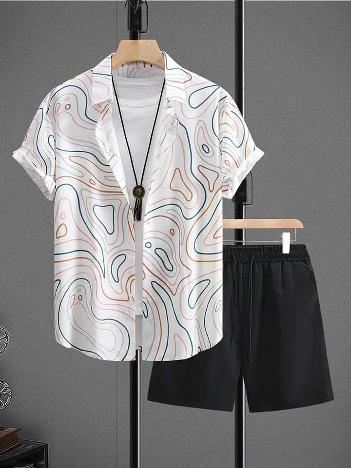 2025 Summer New Mens Texture Pattern Sports Shirt Hawaii Short Sleeve T-shirt Set Fashion Casual Mens Shorts Two Piece SetXJ250412