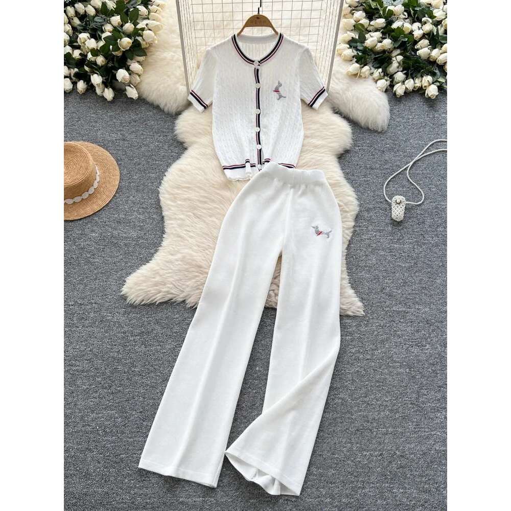Summer Causal Fashion 2Pc Set Korean Style Knitting Suits Women Puppy Embroidery Color Block Tops+Wide Legs Long Pants