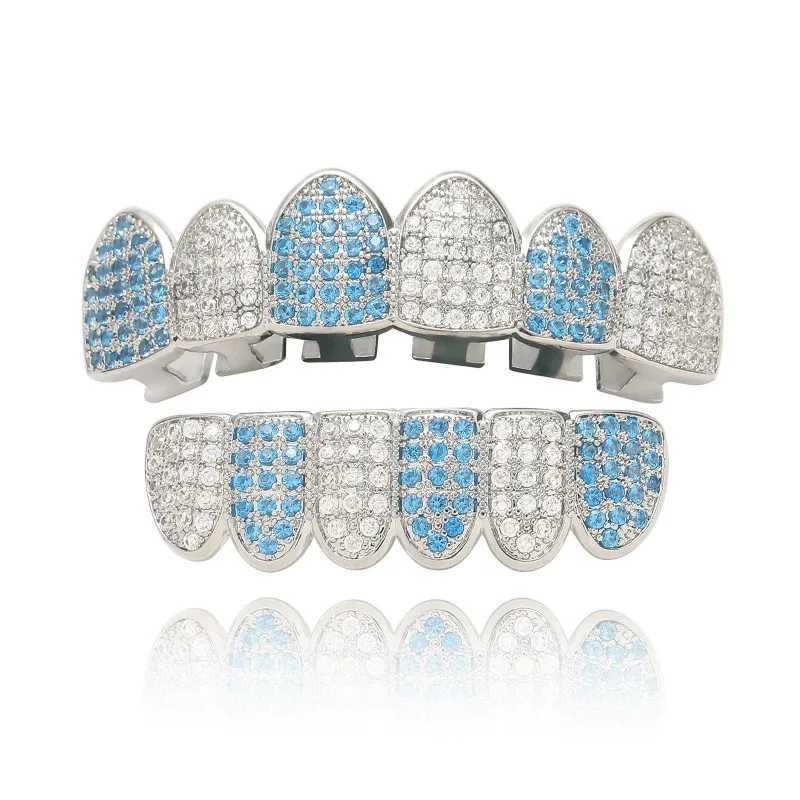 HipHop CZ Tooth Set Neutral Blue Zircon Top Bottom Gold Silver Tooth Cap Removable Teeth Fashion Jewelry W250412