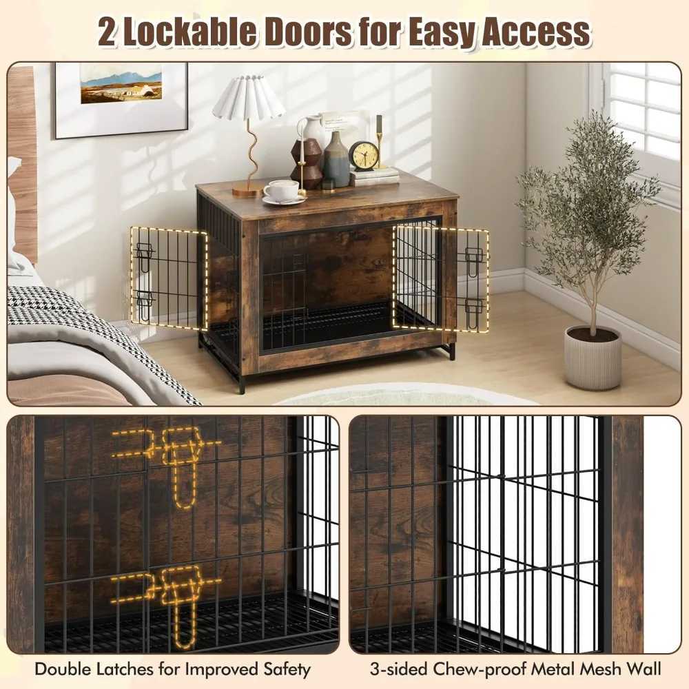 Dog cage side table with double doors and detachable pull-out tray left and right doors X250412