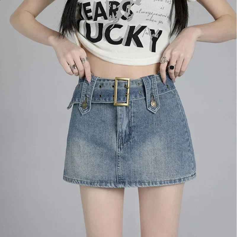 Ins Women American High Waist Gothic Skirts Jeans s Vintage Wrap Hips Denim Dress Female Streetwear Blue Black A Line Skirts 250407