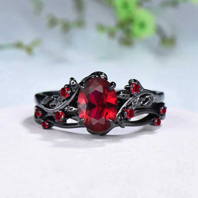 Elegant womens retro style inlaid ruby ring gun black rose branch cross two-piece set classic wedding fashion jewelryXJ250412