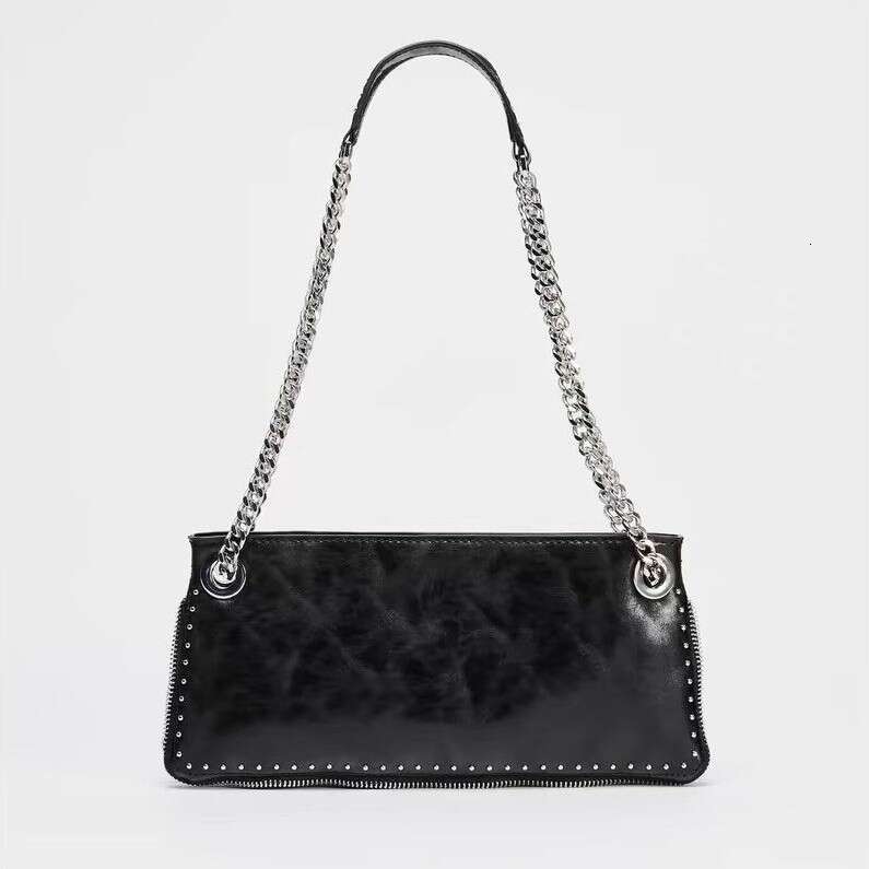 Women's 2025 Black Rivet Decoration Extended Zipper Multi Purpose New Bag