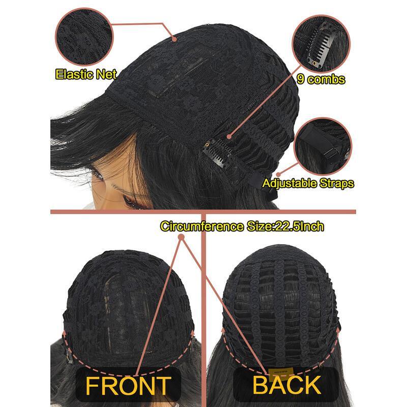 18inch Natural black With Bangs Long Wavy Curly Glueless Fringe Unit Heat Resistant Synthetic Middle Part Full hine Made No Lace Scalp Costume Cosplay