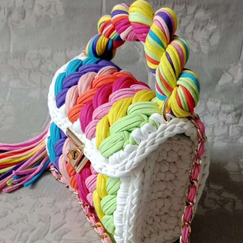 New Handmade Lady Shoulder Crochet Woven Bag Fabric Strip Designer Handbag Purses For Women Tote Bags