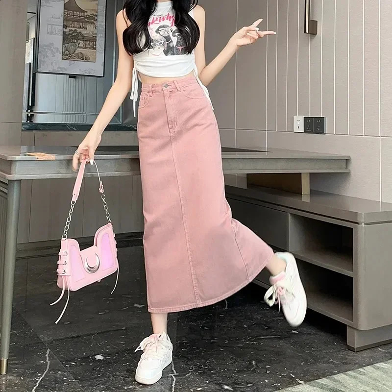 Summer Womens 100% Cotton Denim Shorts Pink High-waisted Slit Retro Elegant Fashionable Casual Denim Long Skirt Female 250407