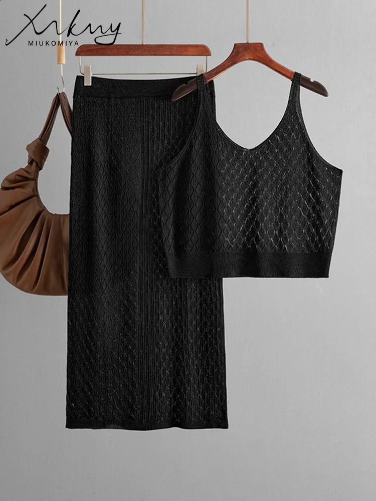 Summer Skirts And Tops Two Pieces Woman 2 Piece Sets Outfit Sexy Hollow Out Suit Crop Camis Beach Outfits Women Skirts Sets 250411