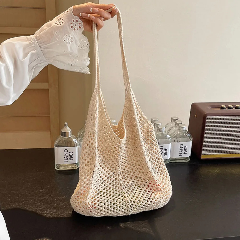 Women Hollow Summer Bag Solid Color Aesthetic Hobo Bag Large Capacity Knitted Tote Handbag Ladies Daily Handbag 250407
