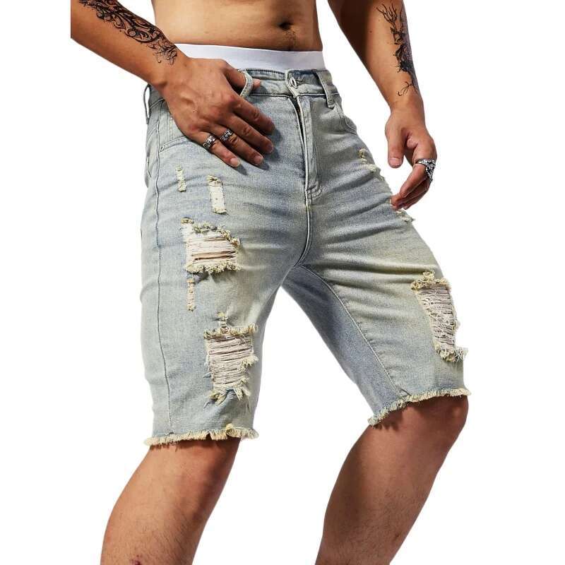 Men's Summer Casual Personality Irregular Foot Denim Shorts Wool Ripped Vintage Street Fifth Jeans