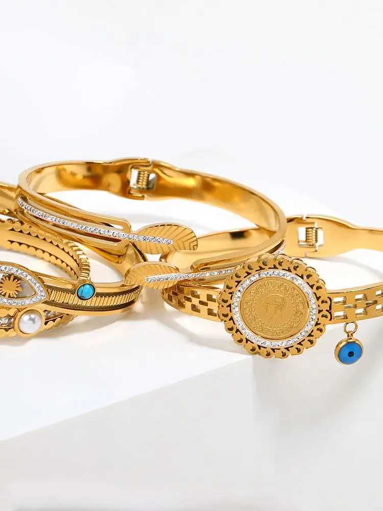 ALLYES Trendy Chic 18K Gold Color Stainless Steel Bangles Bracelets for Women Heart Coin Zircon Leaf Geometric Fashion JewelryC250411