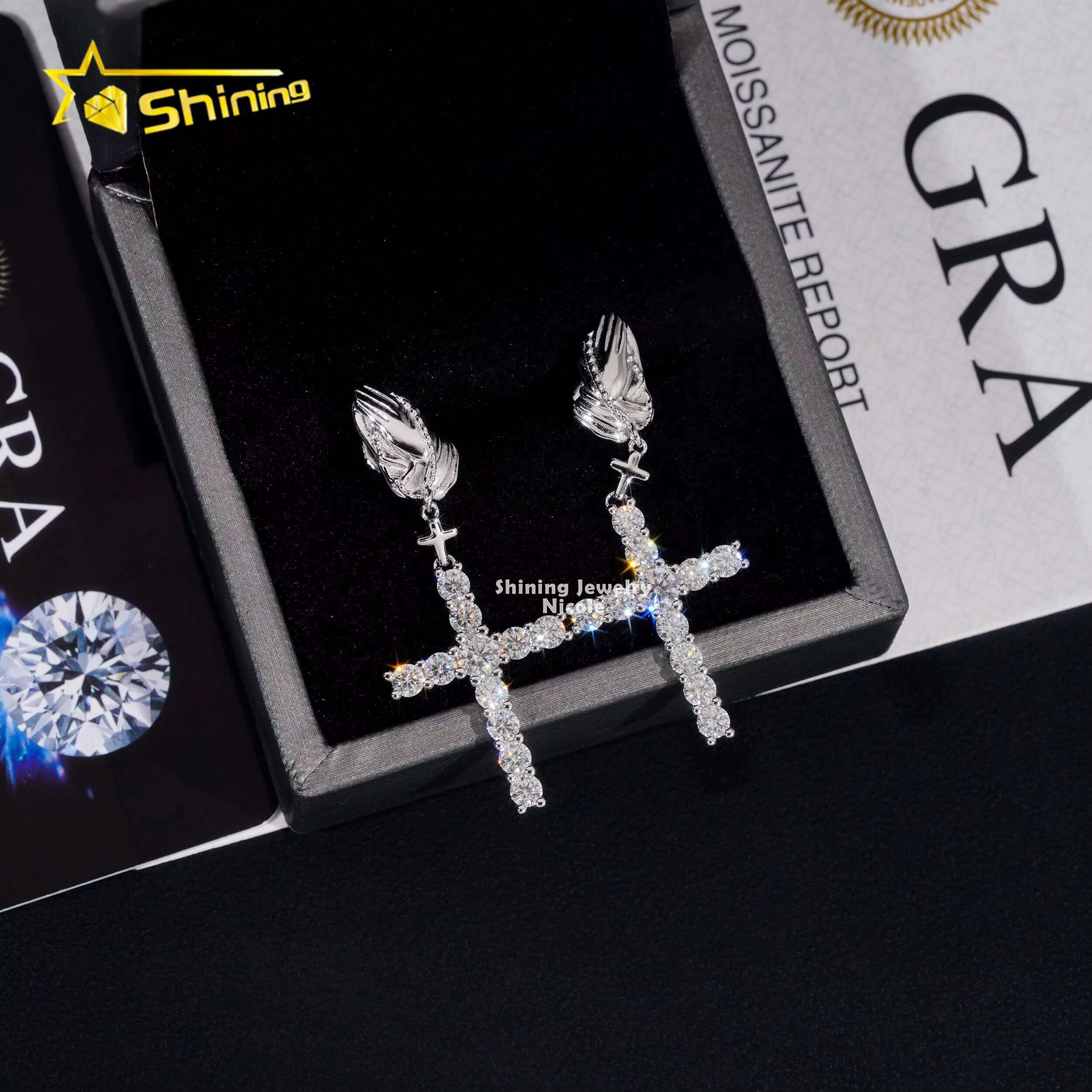 New Arrivals Hip Hop Style Cross Charms Iced Out 925 Sterling Silver Hoop Moissanite Diamond Drop Earrings