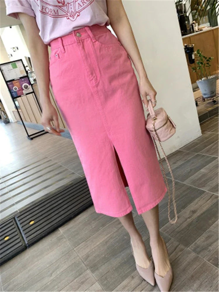 REALEFT Spring Summer High Waist Womens Denim Pencil Skirts Casual Front Split Jeans Pink Wrap Midi Skirts Female 250407