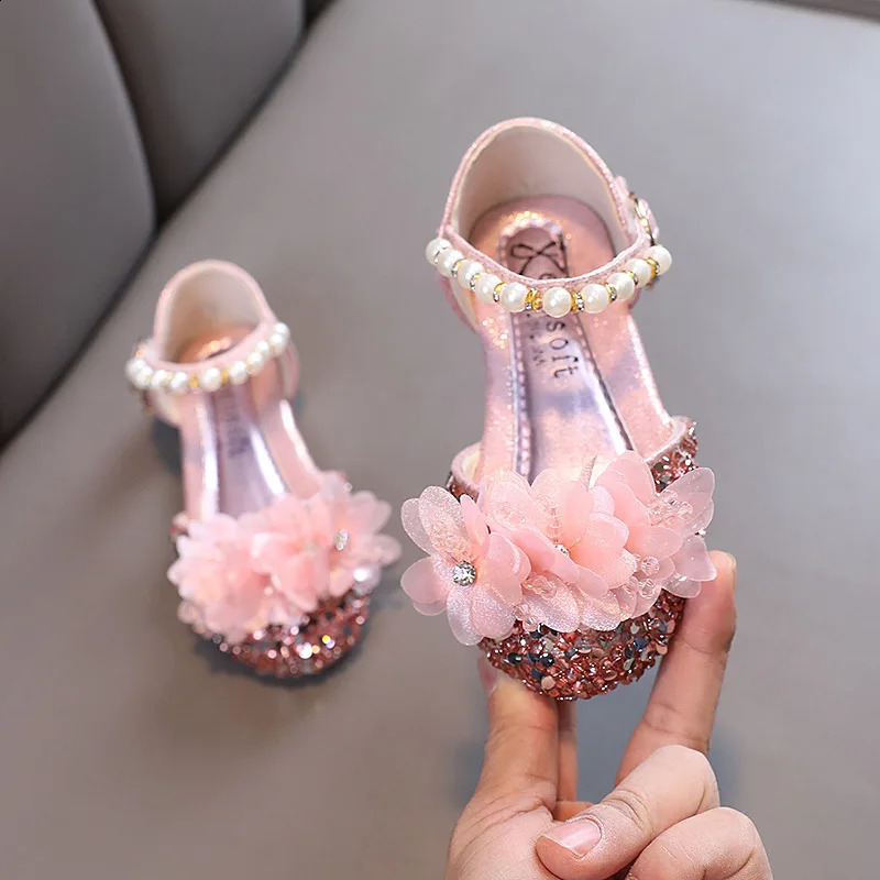 Fashion Childrens Sandals 2024 Spring Summer Shining Flowers Sweet Girl Princess Shoes Dance Performance Kids Sandals J191 250411