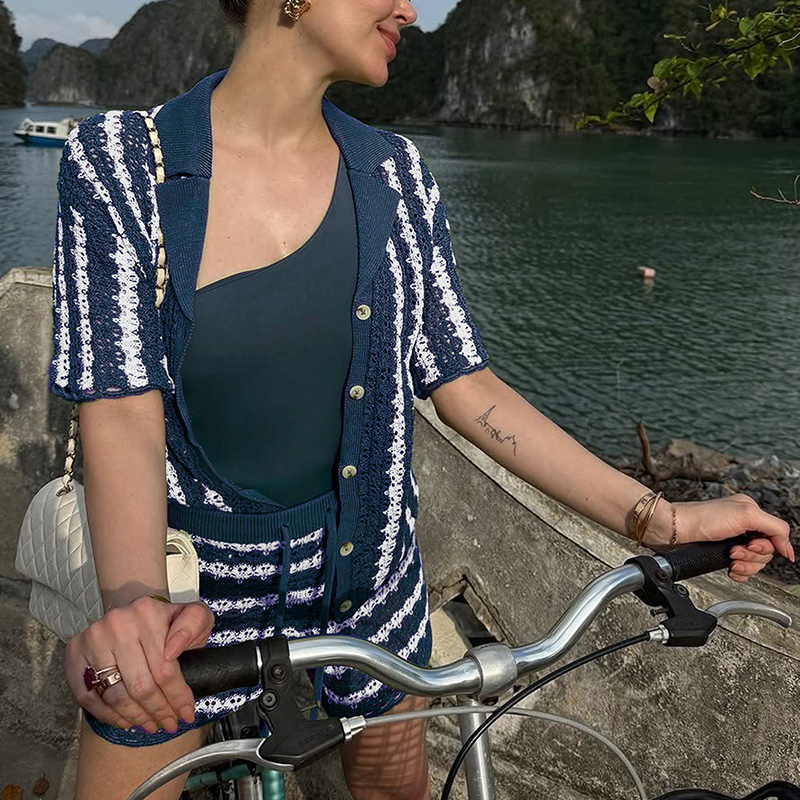 Elegant Fall Season Ladies' Costume Ensemble Featuring Vibrant Striping for Special Occasions---NBL105 blue and white