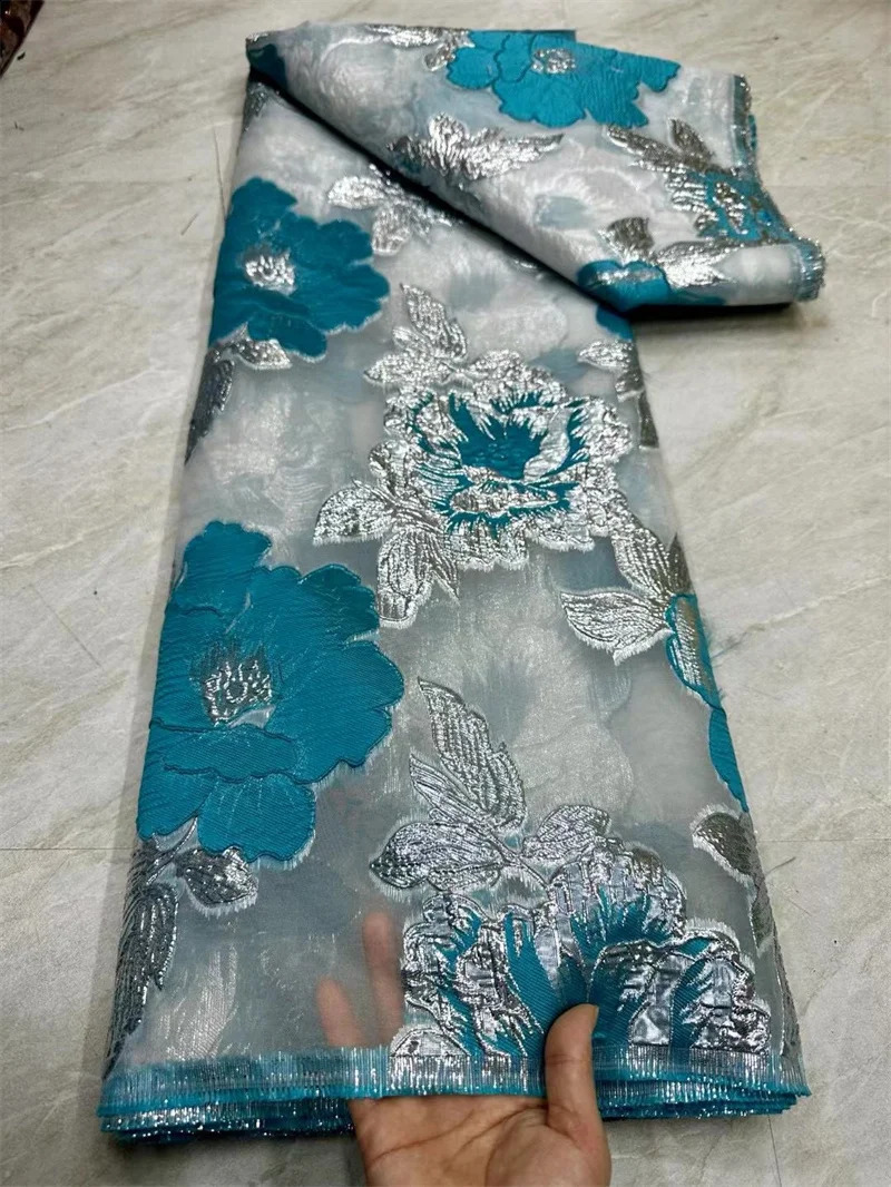 African Jacquard Organza Brocade Fabric 2024 Nigerian Damask Tulle Mesh Gilding Lace French Net Material Brocard Tissu 5Yard CJ6 250407