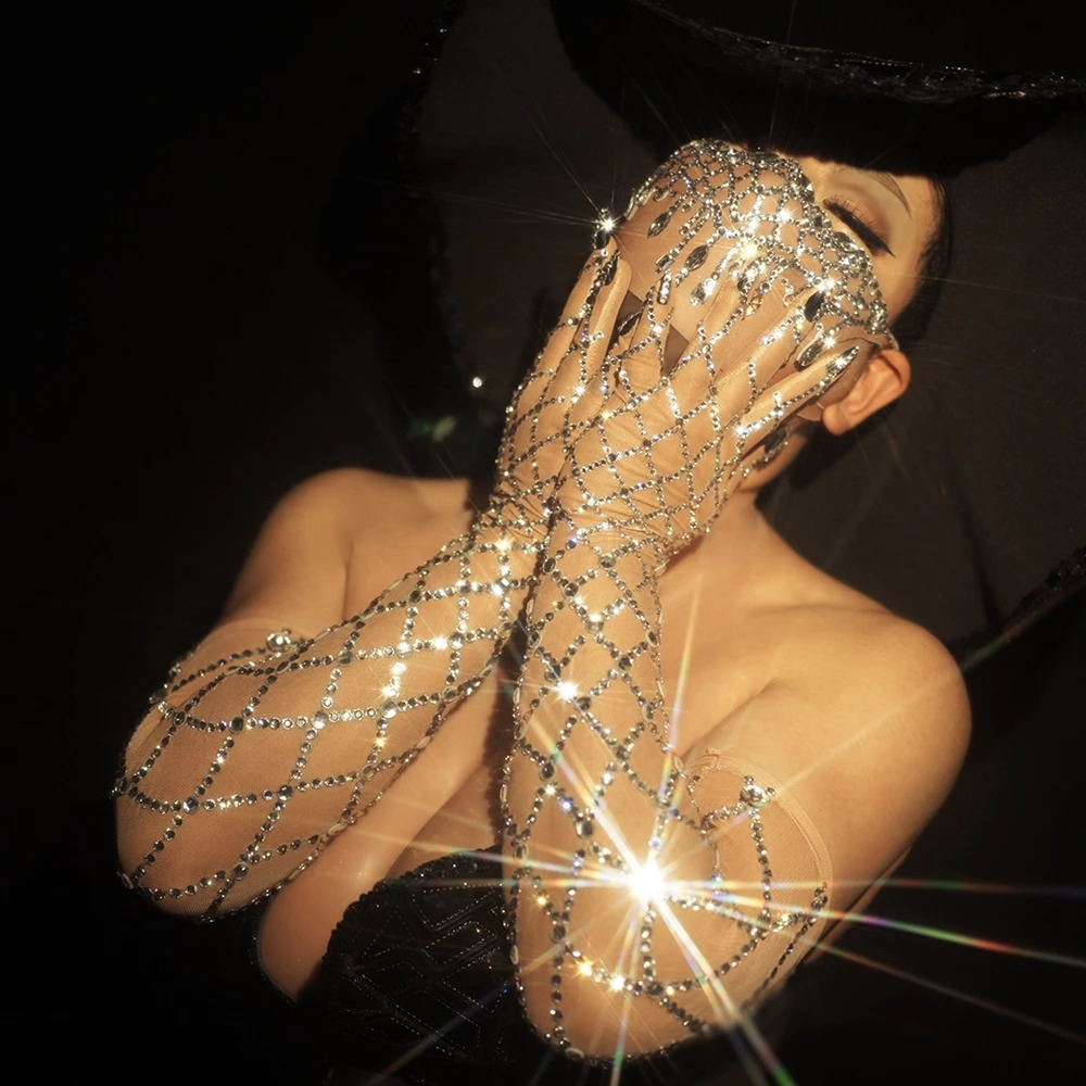 Stretch Rhinestones Long Gloves Women Sparkly Crystal Mesh Gloves Dancer Singer Nightclub Stage Party Show Accessories 250408