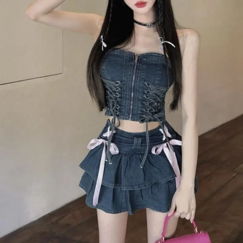 Vintage Y2k sweet Sweet 2 Piece Set Denim Mini Skirt Women Ruffle Kawaii Bow Coquette Skirt Summer Black A-line Short Suits 250411