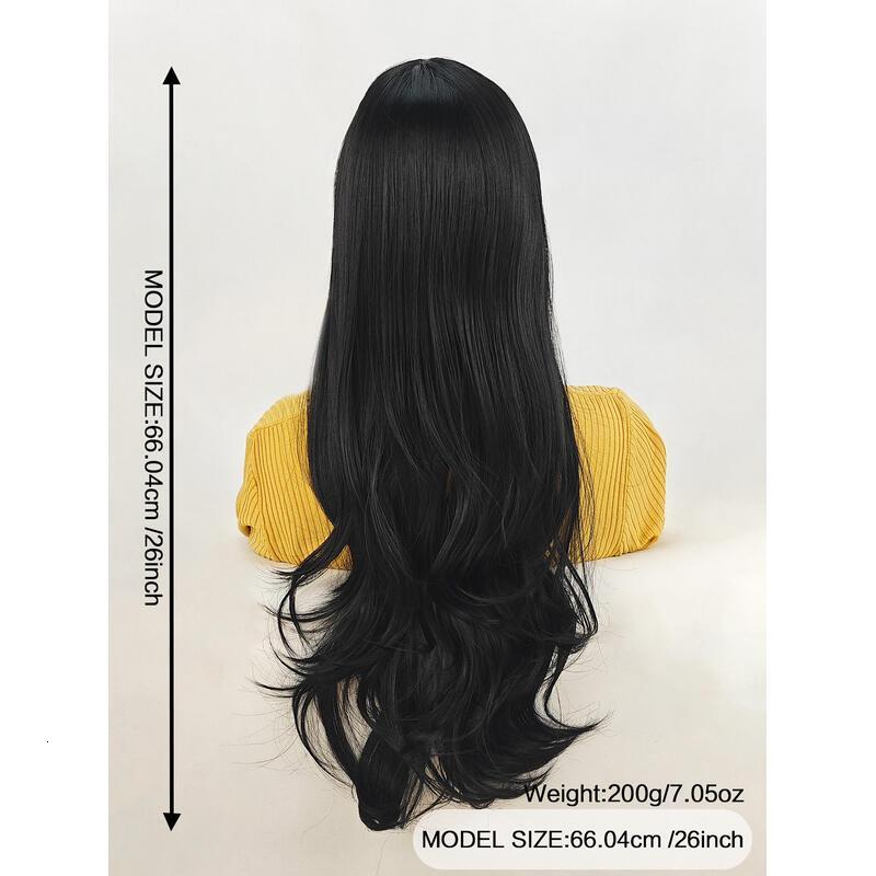 18inch en brown With Bangs Long Wavy Curly Glueless Fringe Unit Heat Resistant Synthetic Middle Part Full hine Made No Lace Scalp Costume Cosplay Hair