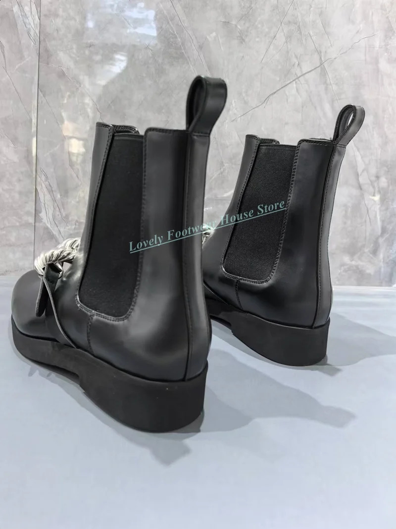 Style Metal Chain Decoration Man Black Genuine Leather Ankle Boots Spliced Knit Elastic Low Heel Male Slip On Boots Shoes 250411