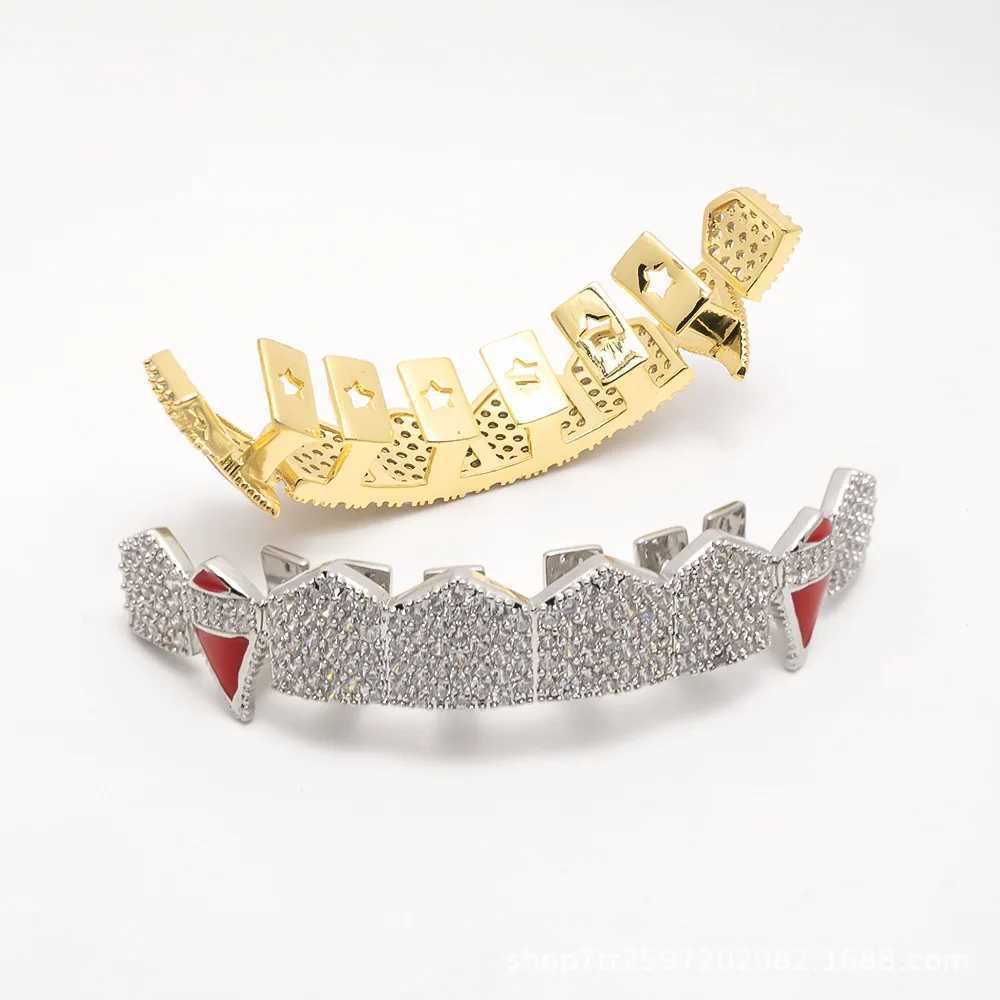 YONGX Hip Hop Full CZ Stone Teeth Grillz Vampire Square Punk Zircon Teeth Hat Womens Jewelry Halloween Role Playing Gift W250412